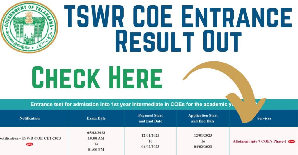 TSWR COE Entrance Result 2023 Download State Wise Merit List @tswreis.ac.in