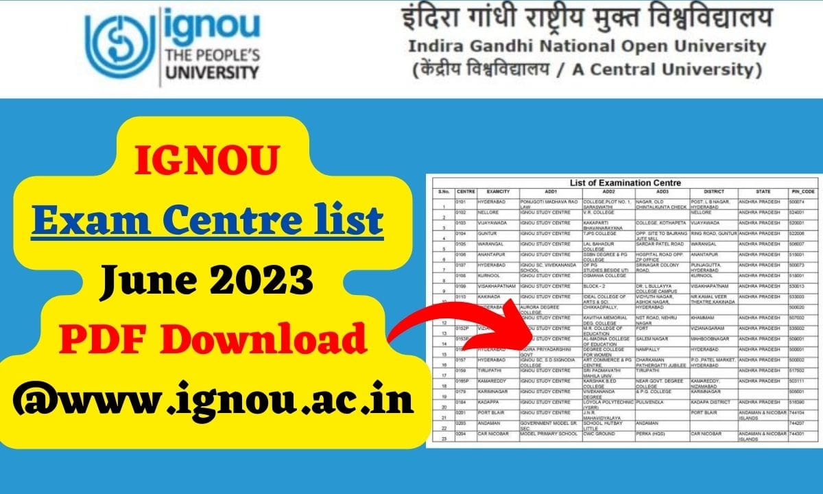 IGNOU Exam Centre list June 2023 PDF Download www.ignou.ac.in SSCNR